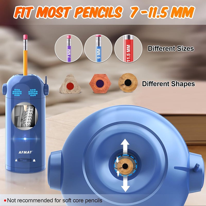 AFMAT Electric Colored Pencil Sharpener, Fully Automatic Pencil Sharpeners for 7-11.5mm Pencils, Robot Pencil Sharpener for Kids Auto in & Out, Rechargeable Hands-Free with Dotted Eyes, PSX5ET - Image 3